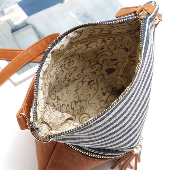 Navy Striped Cognac Faux Leather Crossbody Bag - Picture 12 of 12